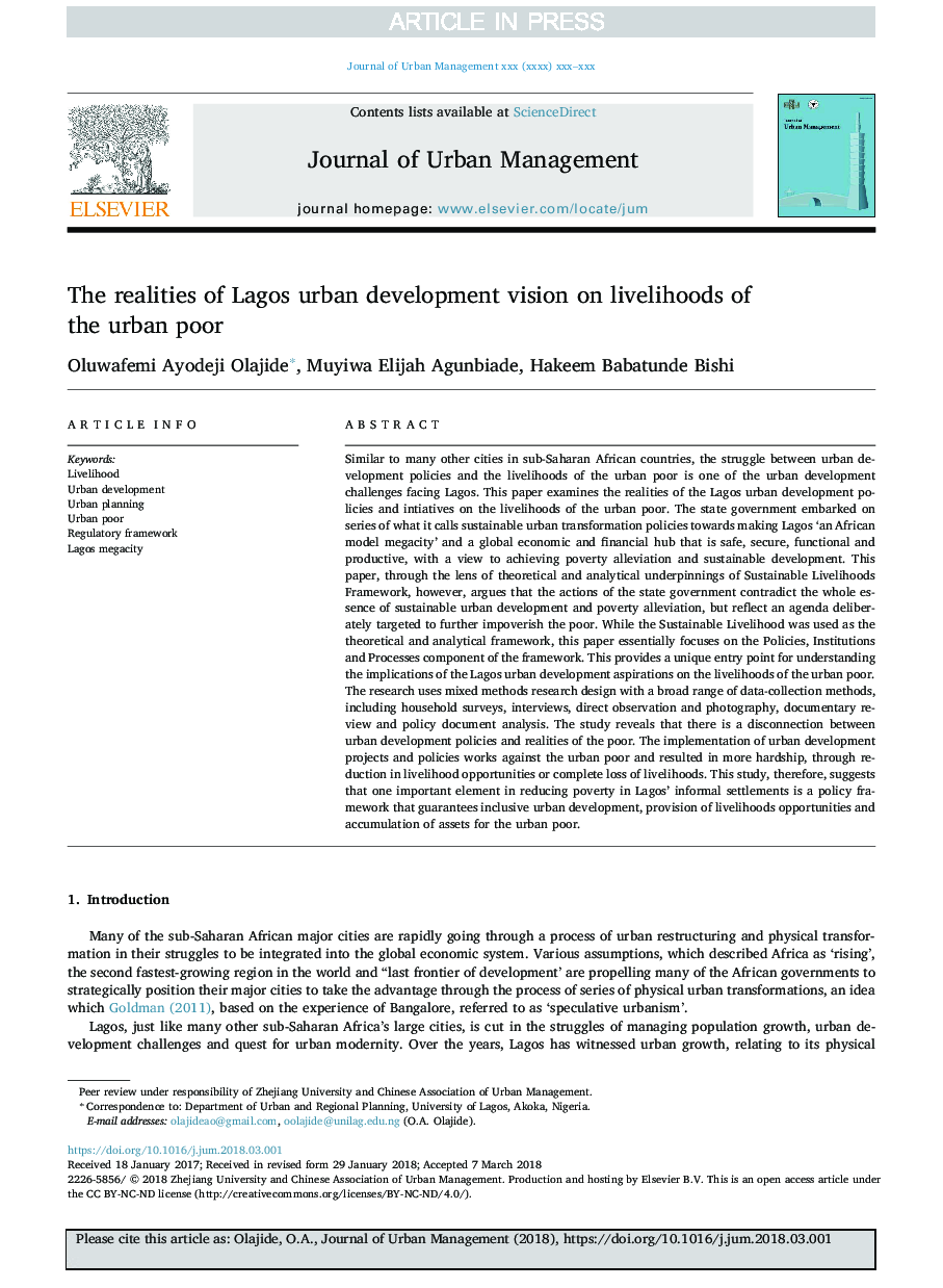 The realities of Lagos urban development vision on livelihoods of the urban poor