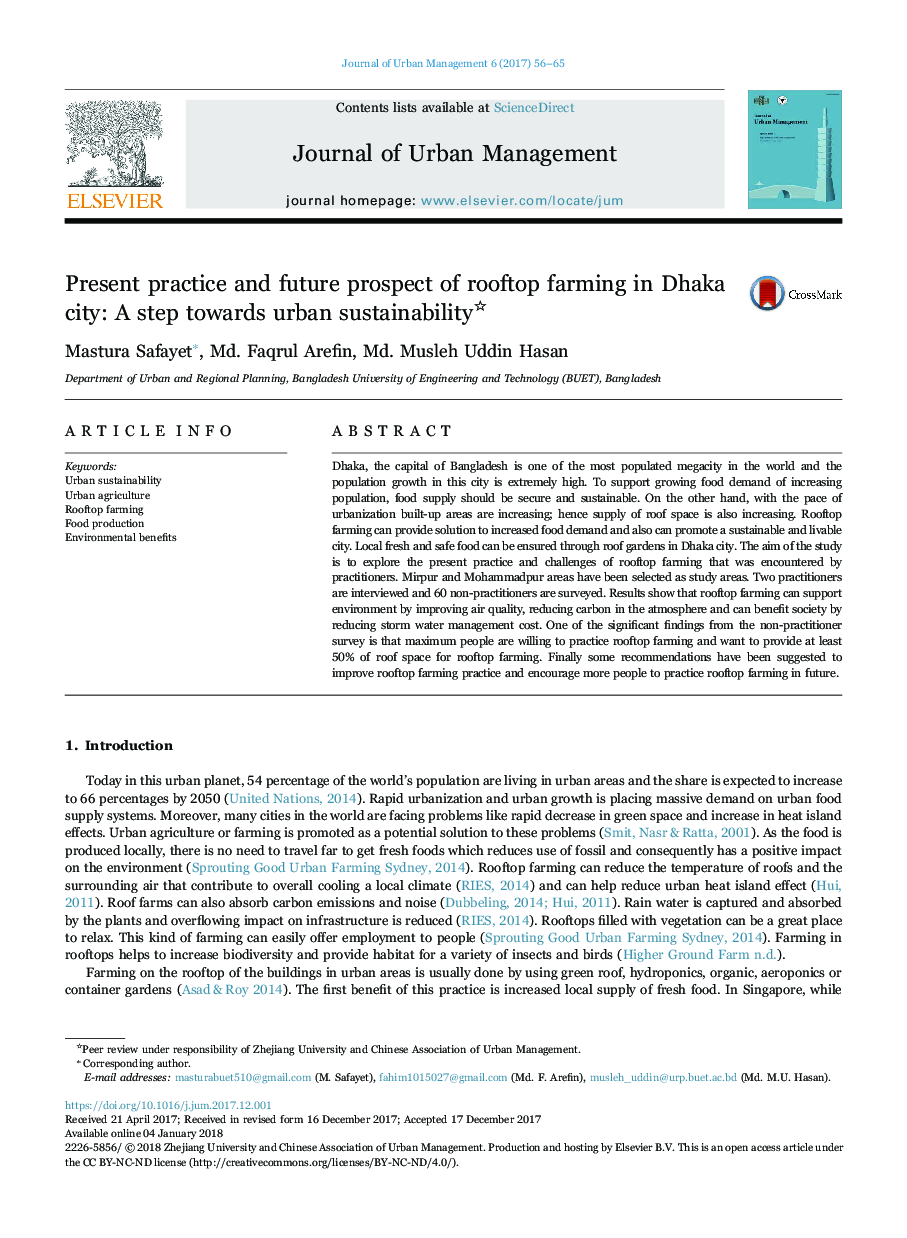 Present practice and future prospect of rooftop farming in Dhaka city: A step towards urban sustainability