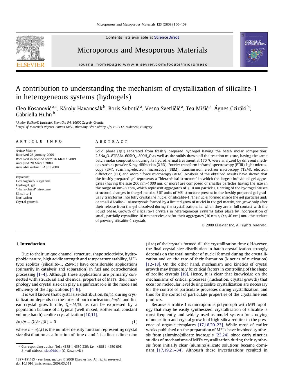 A contribution to understanding the mechanism of crystallization of silicalite-1 in heterogeneous systems (hydrogels)