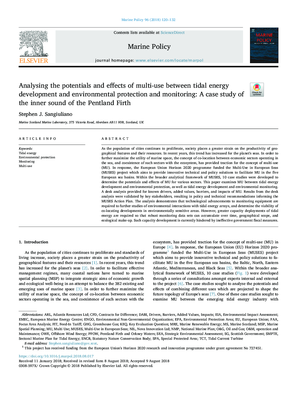 Analysing the potentials and effects of multi-use between tidal energy development and environmental protection and monitoring: A case study of the inner sound of the Pentland Firth