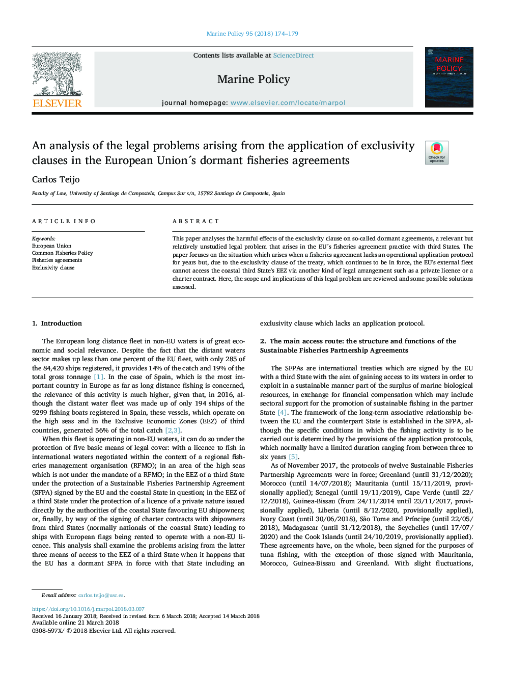 An analysis of the legal problems arising from the application of exclusivity clauses in the European UnionÂ´s dormant fisheries agreements
