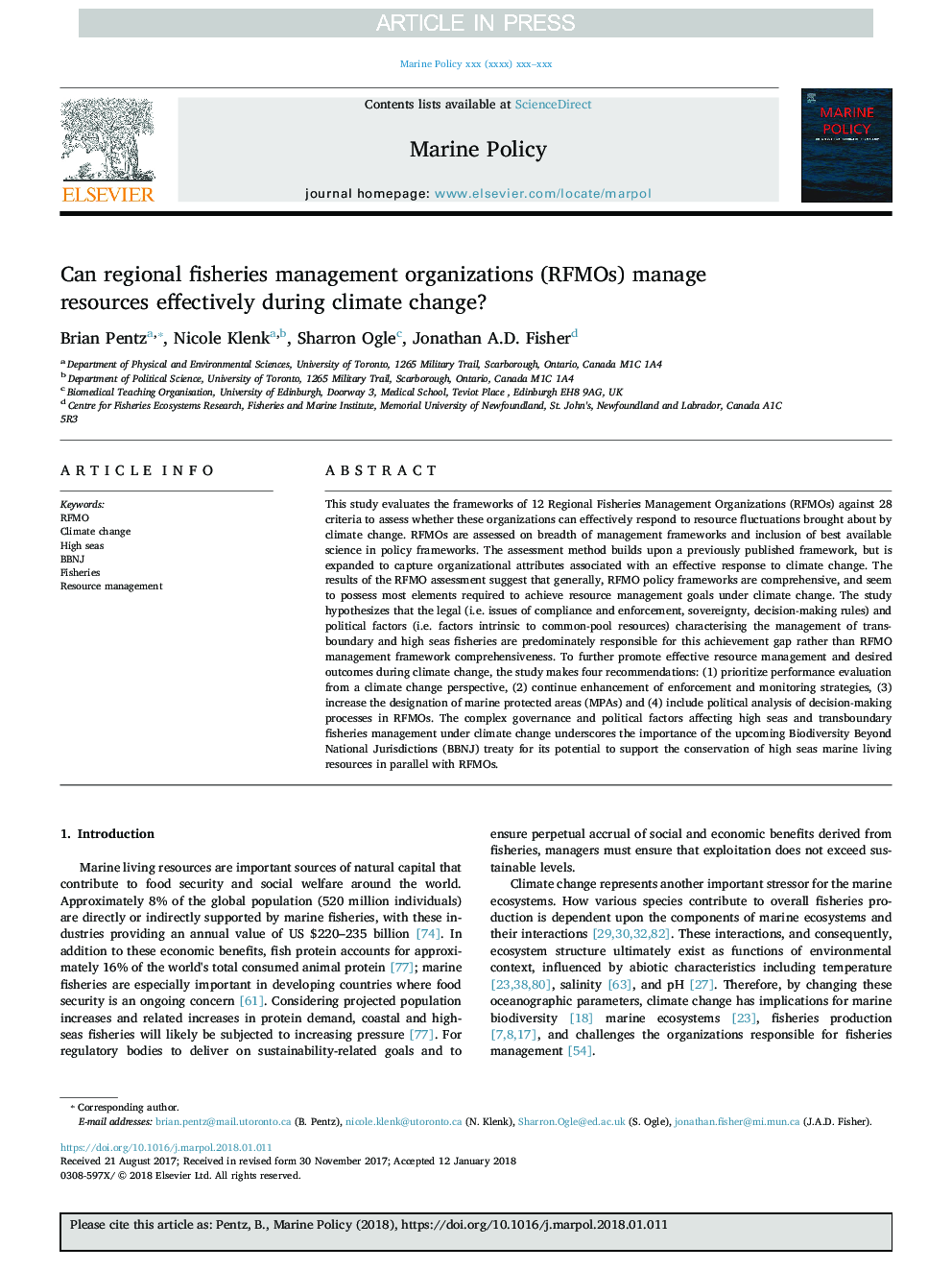 Can regional fisheries management organizations (RFMOs) manage resources effectively during climate change?