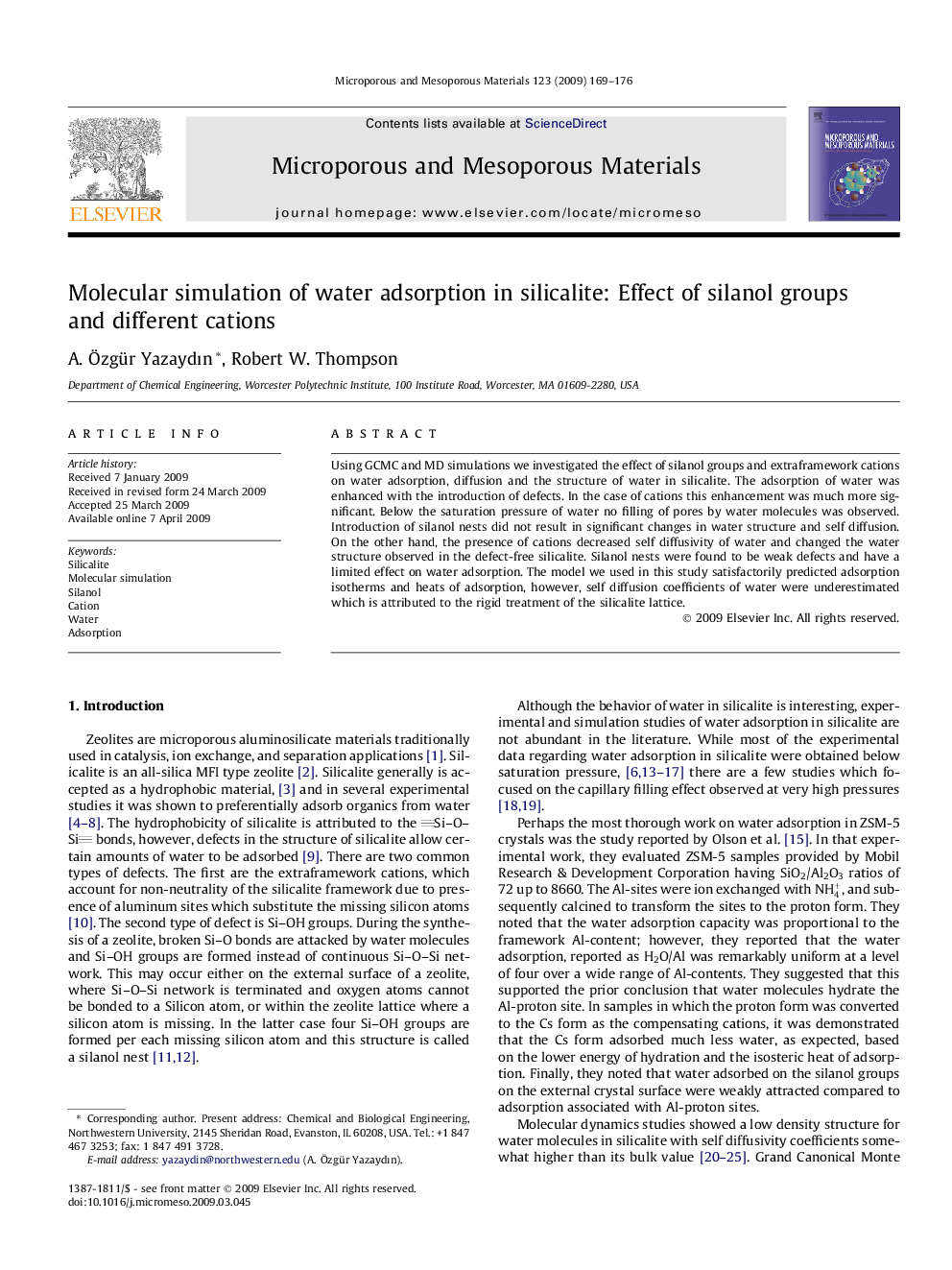 Molecular simulation of water adsorption in silicalite: Effect of silanol groups and different cations