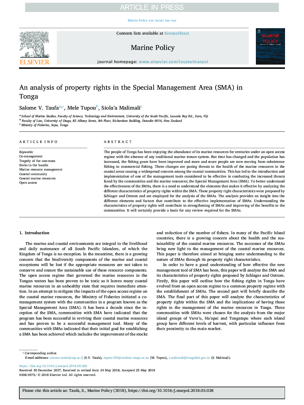 An analysis of property rights in the Special Management Area (SMA) in Tonga