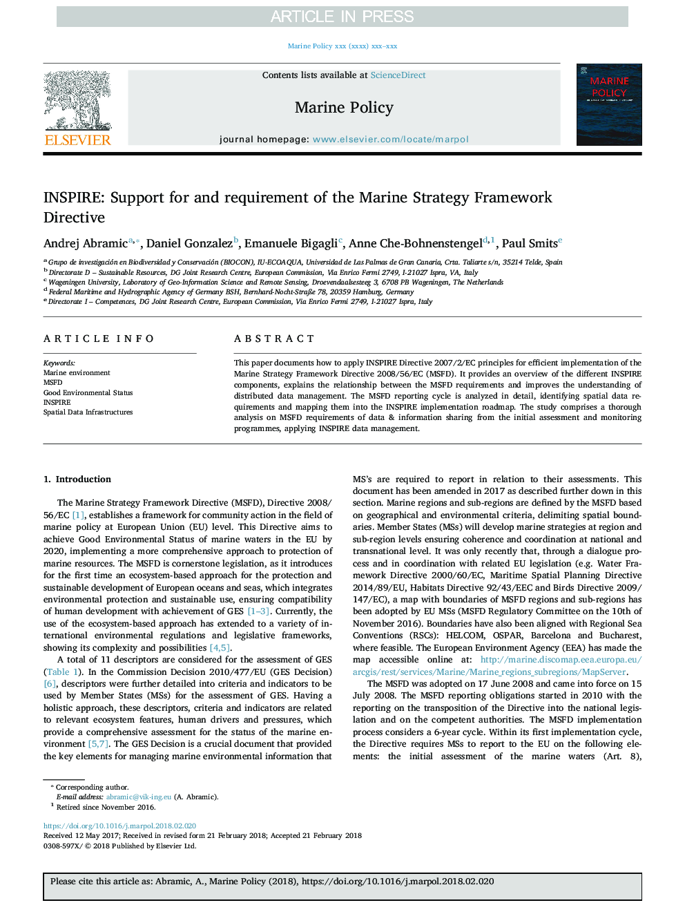 INSPIRE: Support for and requirement of the Marine Strategy Framework Directive