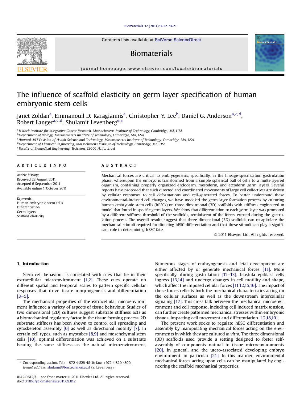 The influence of scaffold elasticity on germ layer specification of human embryonic stem cells