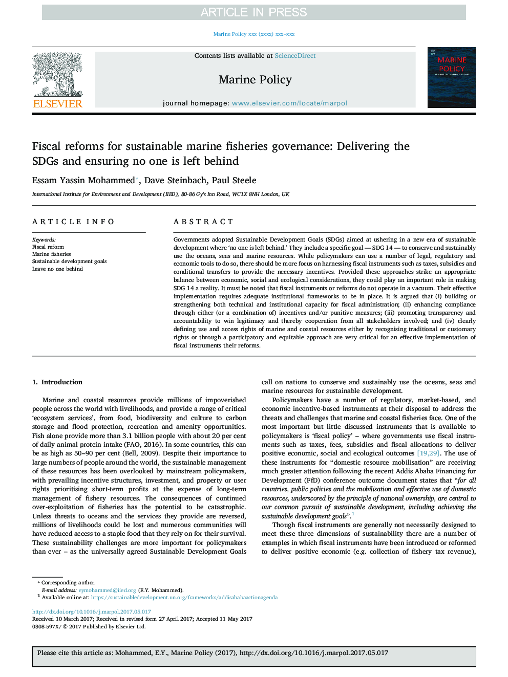 Fiscal reforms for sustainable marine fisheries governance: Delivering the SDGs and ensuring no one is left behind