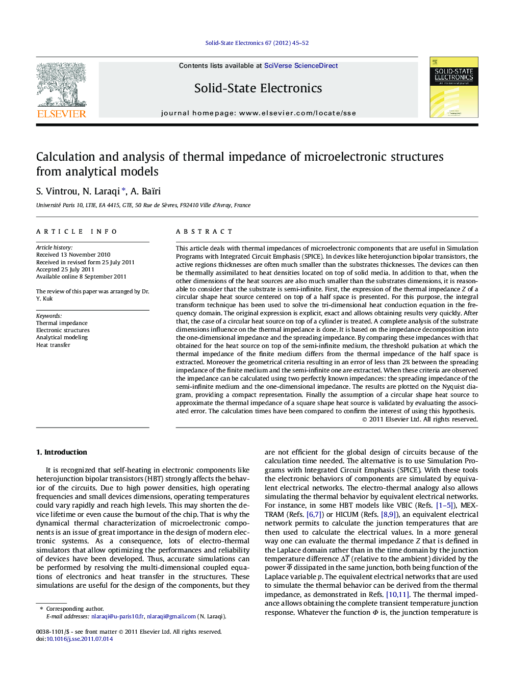 Calculation and analysis of thermal impedance of microelectronic structures from analytical models