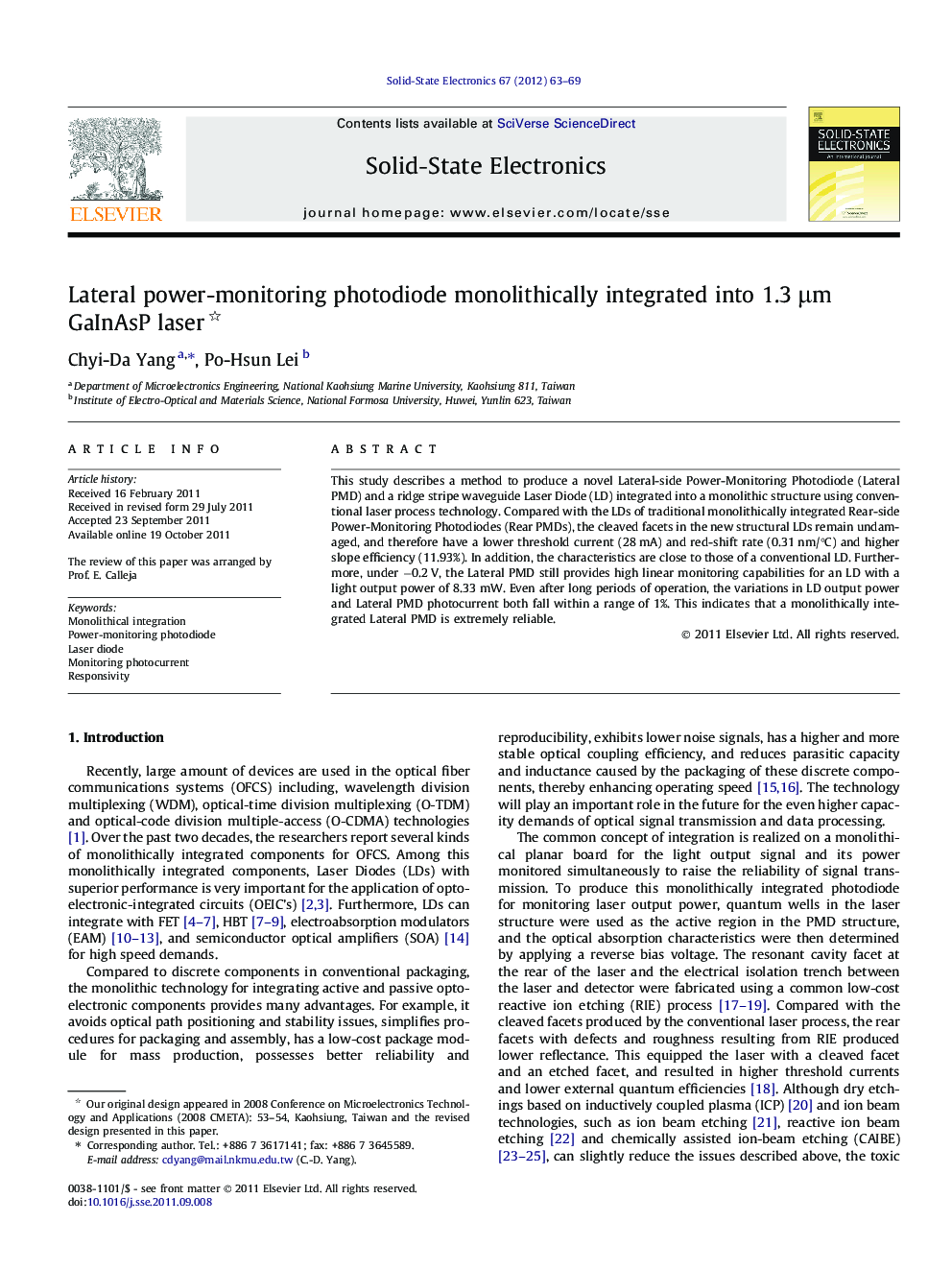 Lateral power-monitoring photodiode monolithically integrated into 1.3 μm GaInAsP laser 