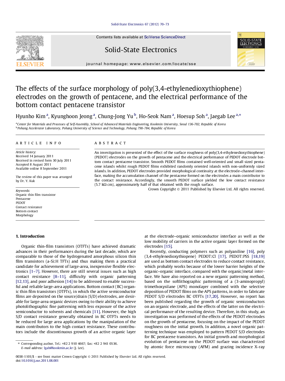 The effects of the surface morphology of poly(3,4-ethylenedioxythiophene) electrodes on the growth of pentacene, and the electrical performance of the bottom contact pentacene transistor