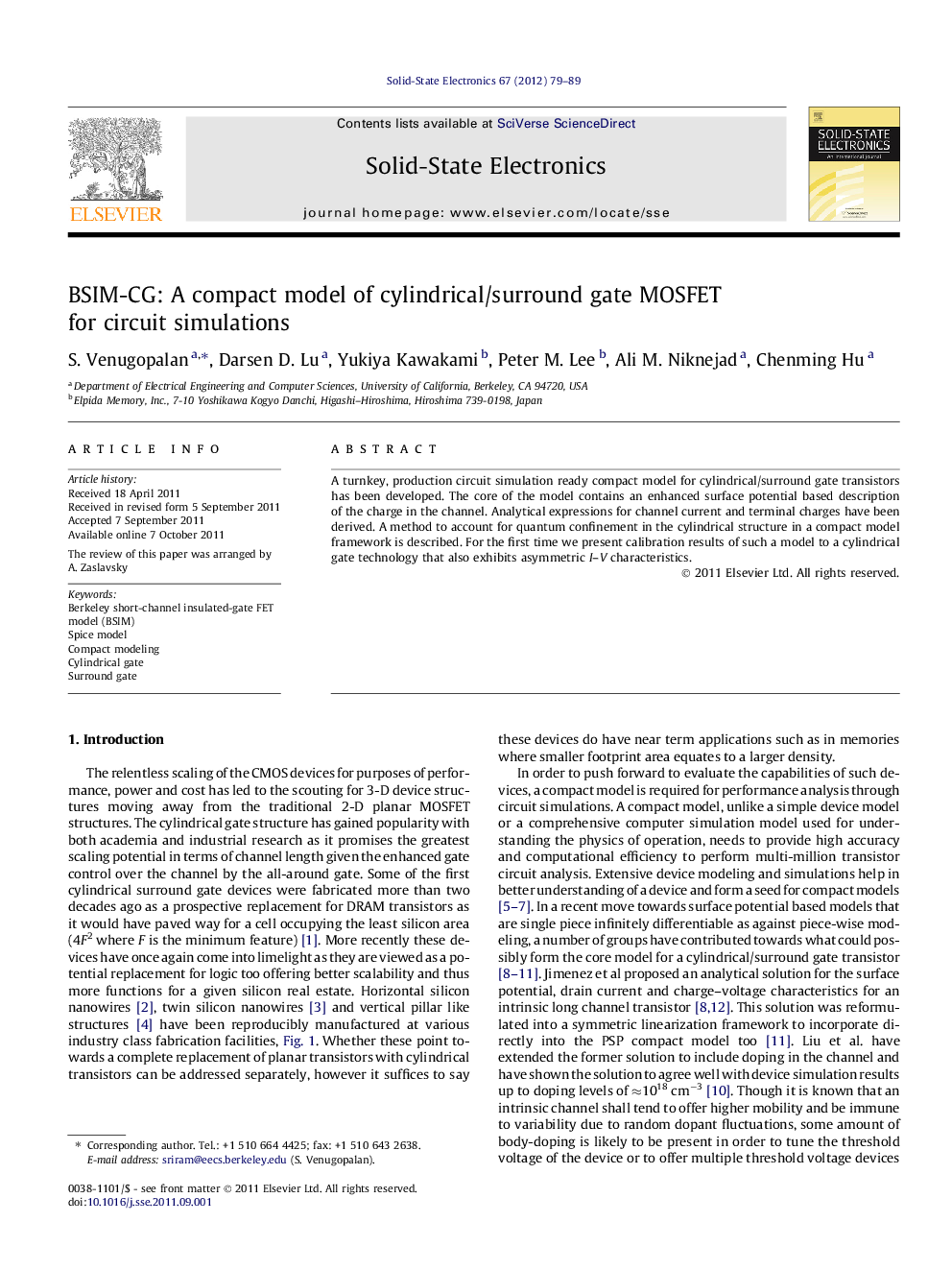 BSIM-CG: A compact model of cylindrical/surround gate MOSFET for circuit simulations