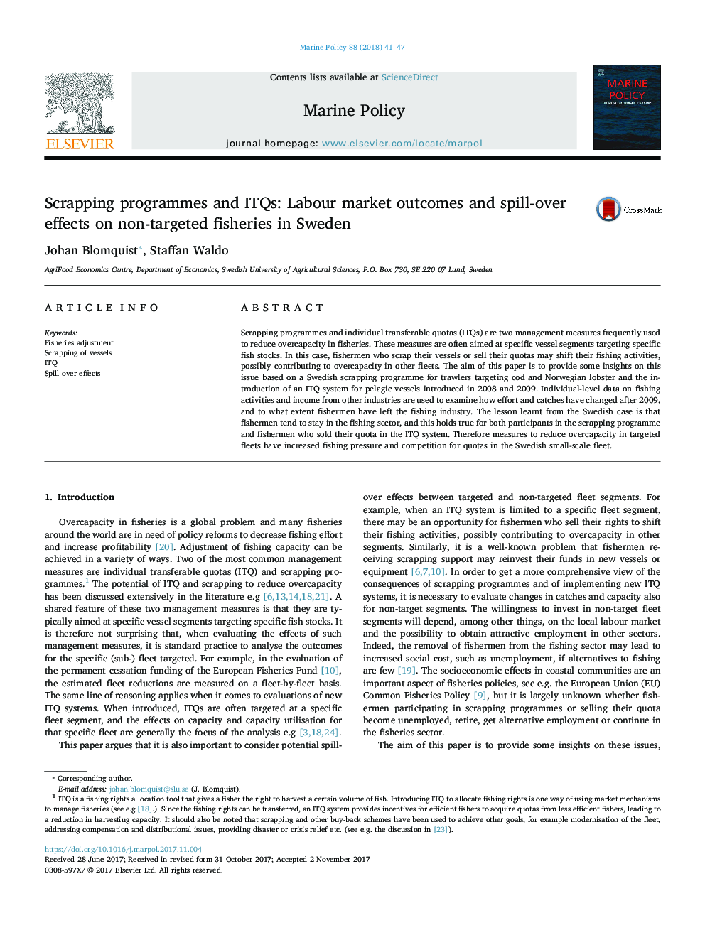 عکس صفحه اول مقاله: Scrapping programmes and ITQs: Labour market outcomes and spill-over effects on non-targeted fisheries in Sweden Scrapping programmes and ITQs: Labour market outcomes and spill-over effects on non-targeted fisheries in Sweden