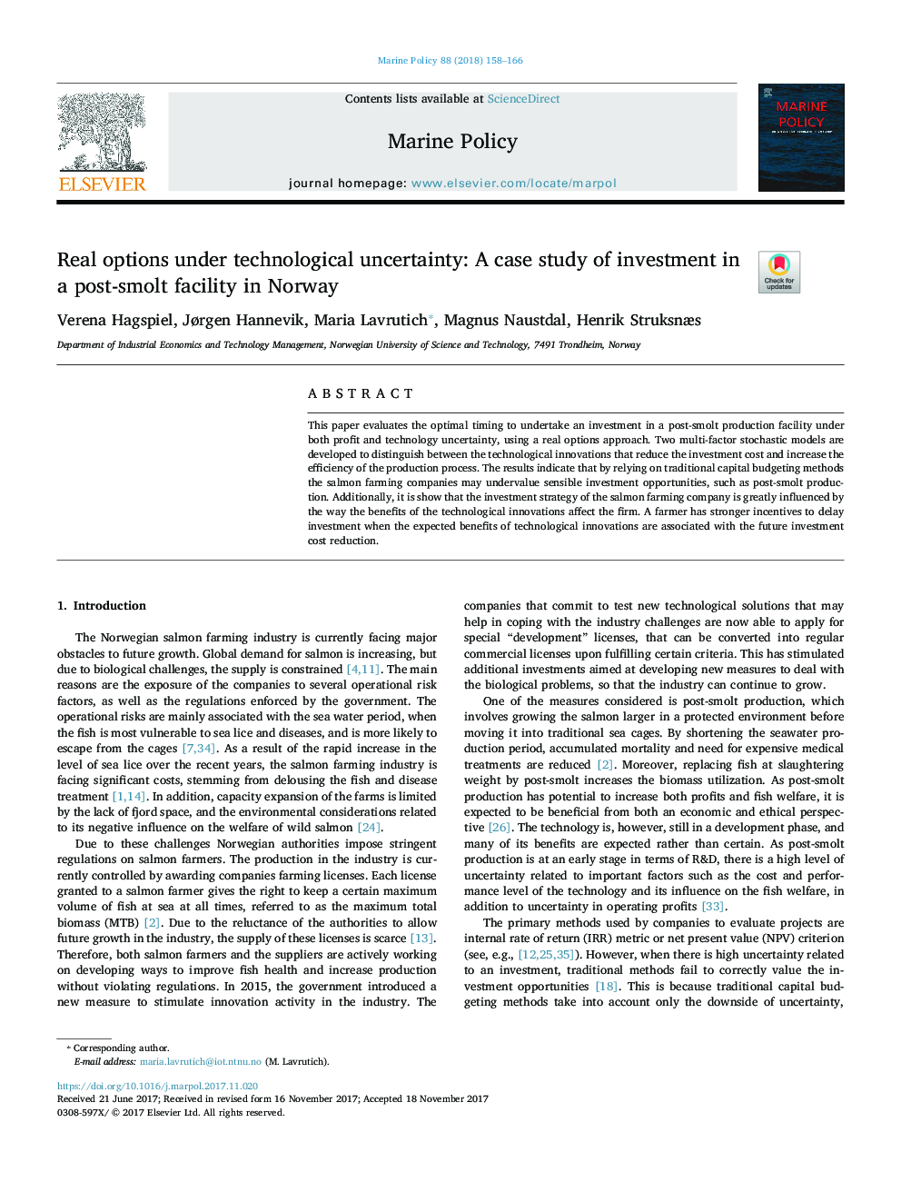 عکس صفحه اول مقاله: Real options under technological uncertainty: A case study of investment in a post-smolt facility in Norway Real options under technological uncertainty: A case study of investment in a post-smolt facility in Norway