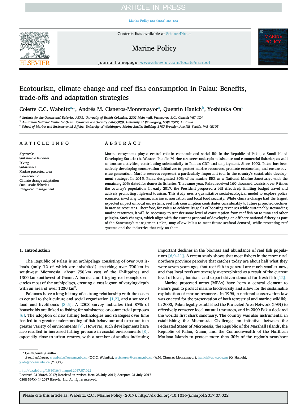 اکوتوریسم، تغییرات آب و هوایی و مصرف ماهی صخره ای در پالائو: مزایا، ترکیبات و استراتژی های انطباق 