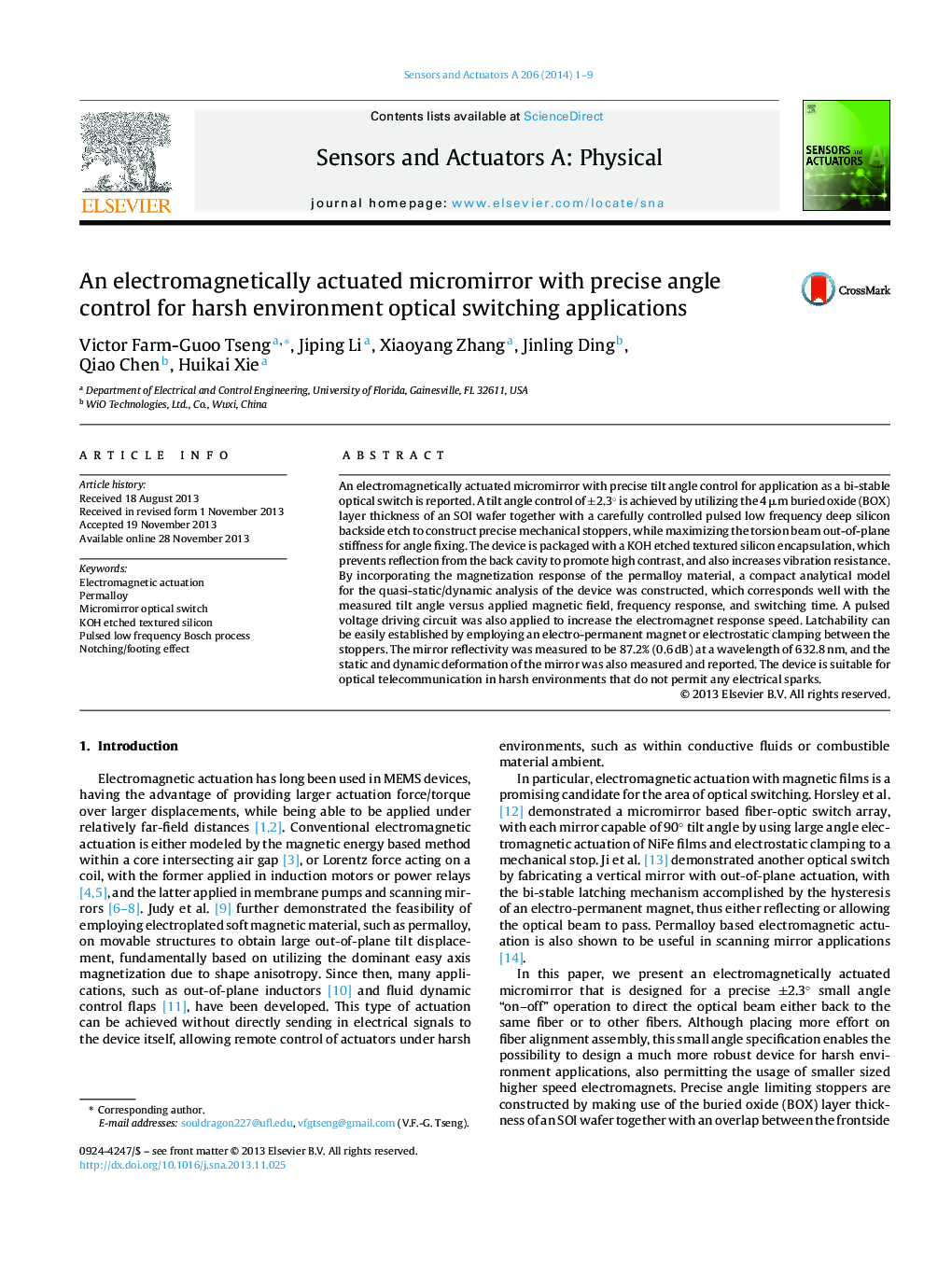 An electromagnetically actuated micromirror with precise angle control for harsh environment optical switching applications