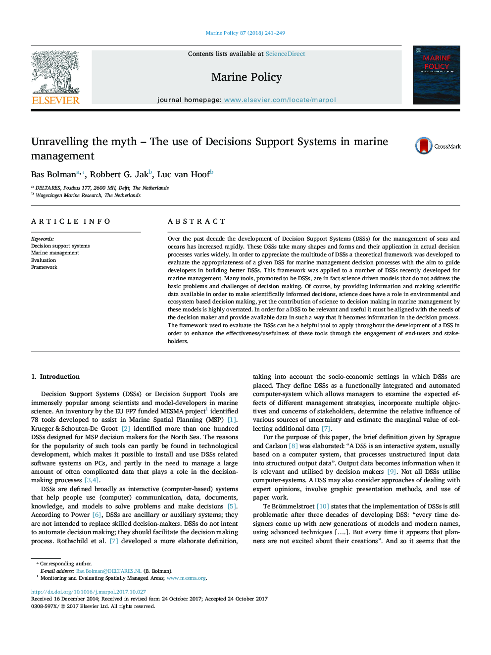 Unravelling the myth - The use of Decisions Support Systems in marine management