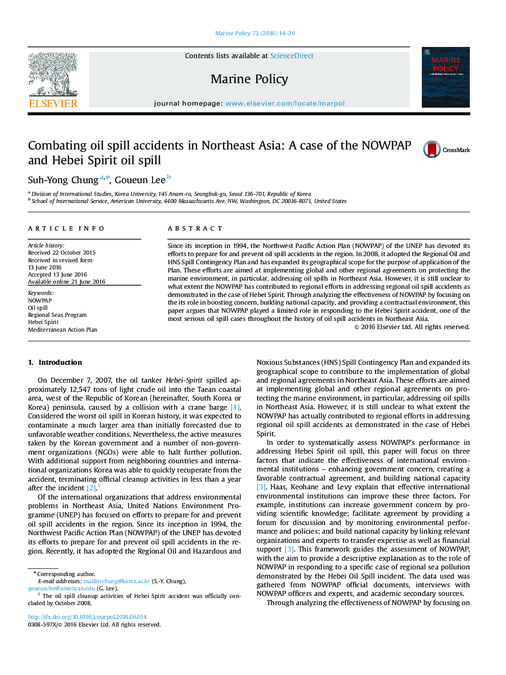 Combating oil spill accidents in Northeast Asia: A case of the NOWPAP and Hebei Spirit oil spill