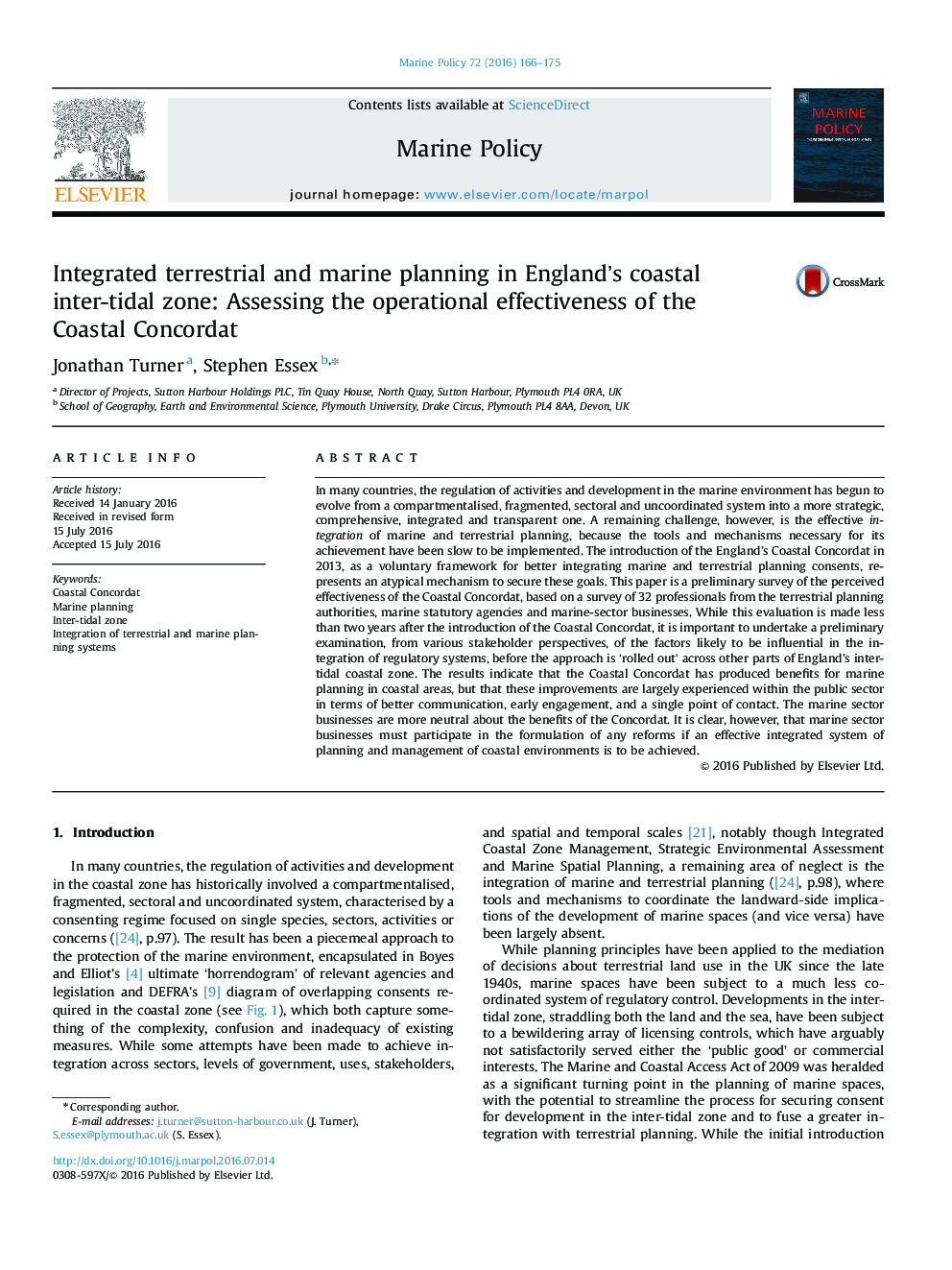 Integrated terrestrial and marine planning in England's coastal inter-tidal zone: Assessing the operational effectiveness of the Coastal Concordat