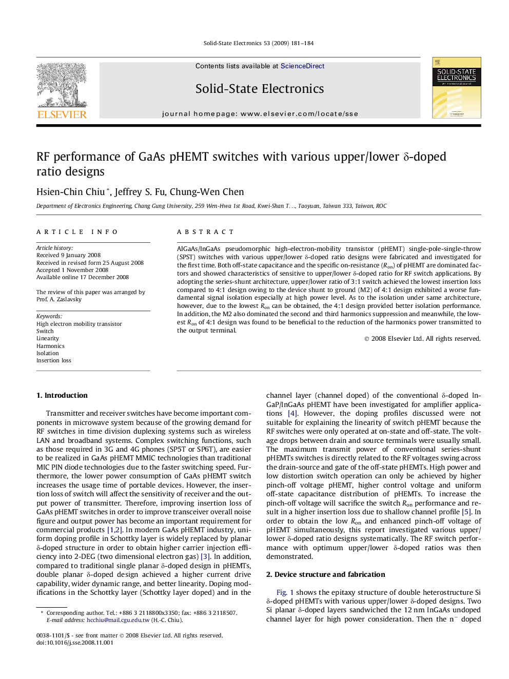 RF performance of GaAs pHEMT switches with various upper/lower δ-doped ratio designs