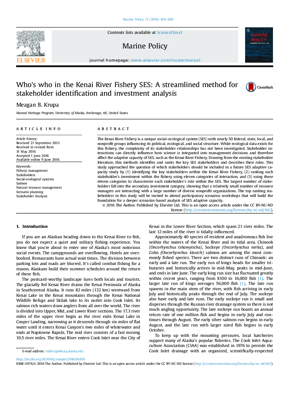 Who's who in the Kenai River Fishery SES: A streamlined method for stakeholder identification and investment analysis