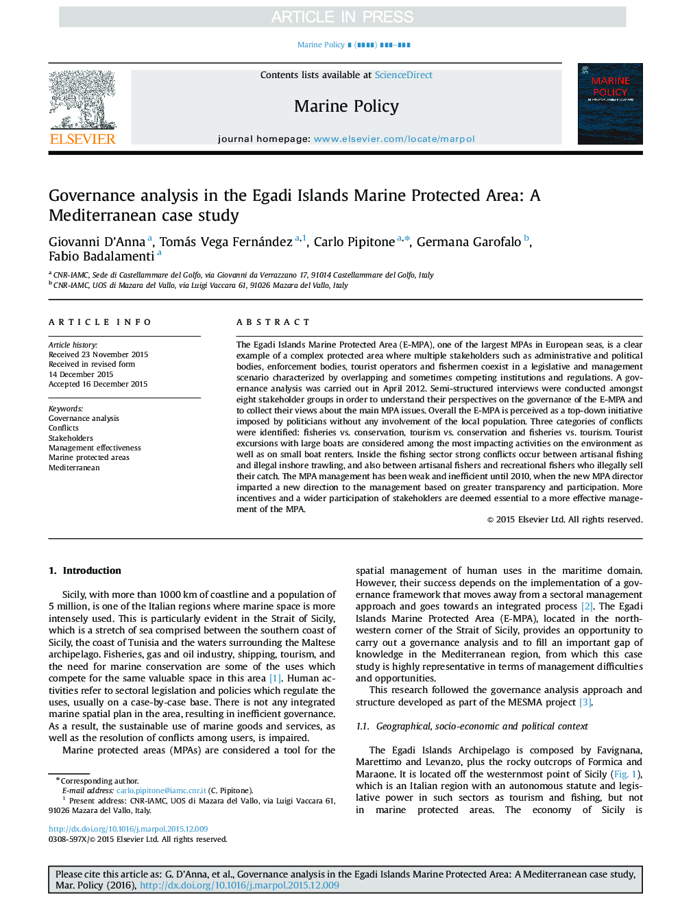 Governance analysis in the Egadi Islands Marine Protected Area: A Mediterranean case study