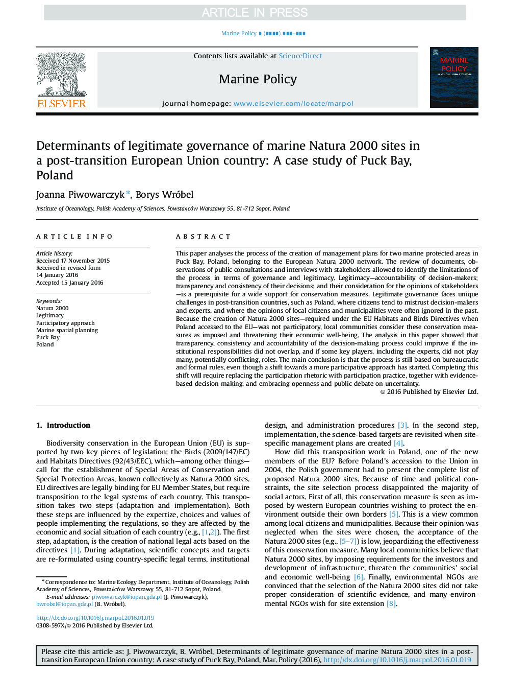 Determinants of legitimate governance of marine Natura 2000 sites in a post-transition European Union country: A case study of Puck Bay, Poland