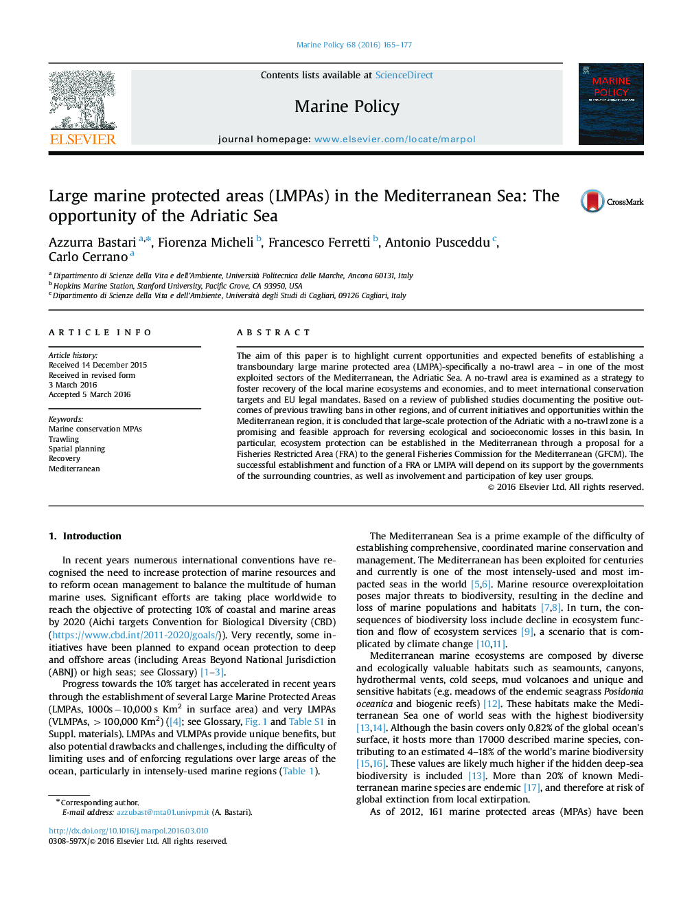 Large marine protected areas (LMPAs) in the Mediterranean Sea: The opportunity of the Adriatic Sea