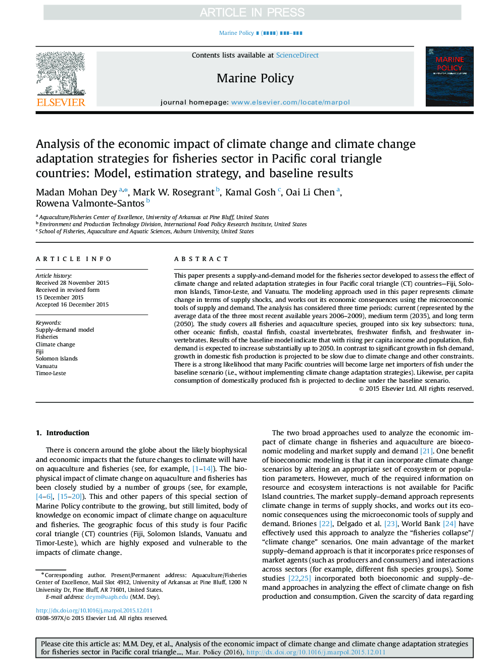 Analysis of the economic impact of climate change and climate change adaptation strategies for fisheries sector in Pacific coral triangle countries: Model, estimation strategy, and baseline results