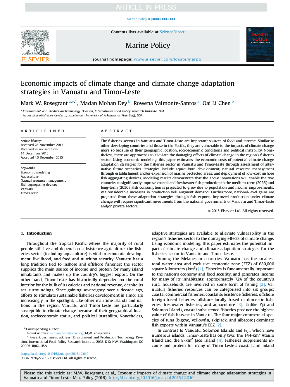تاثیرات اقتصادی تغییرات اقلیمی و استراتژی های انطباق تغییرات اقلیمی در وانواتو و تیمور-لست 