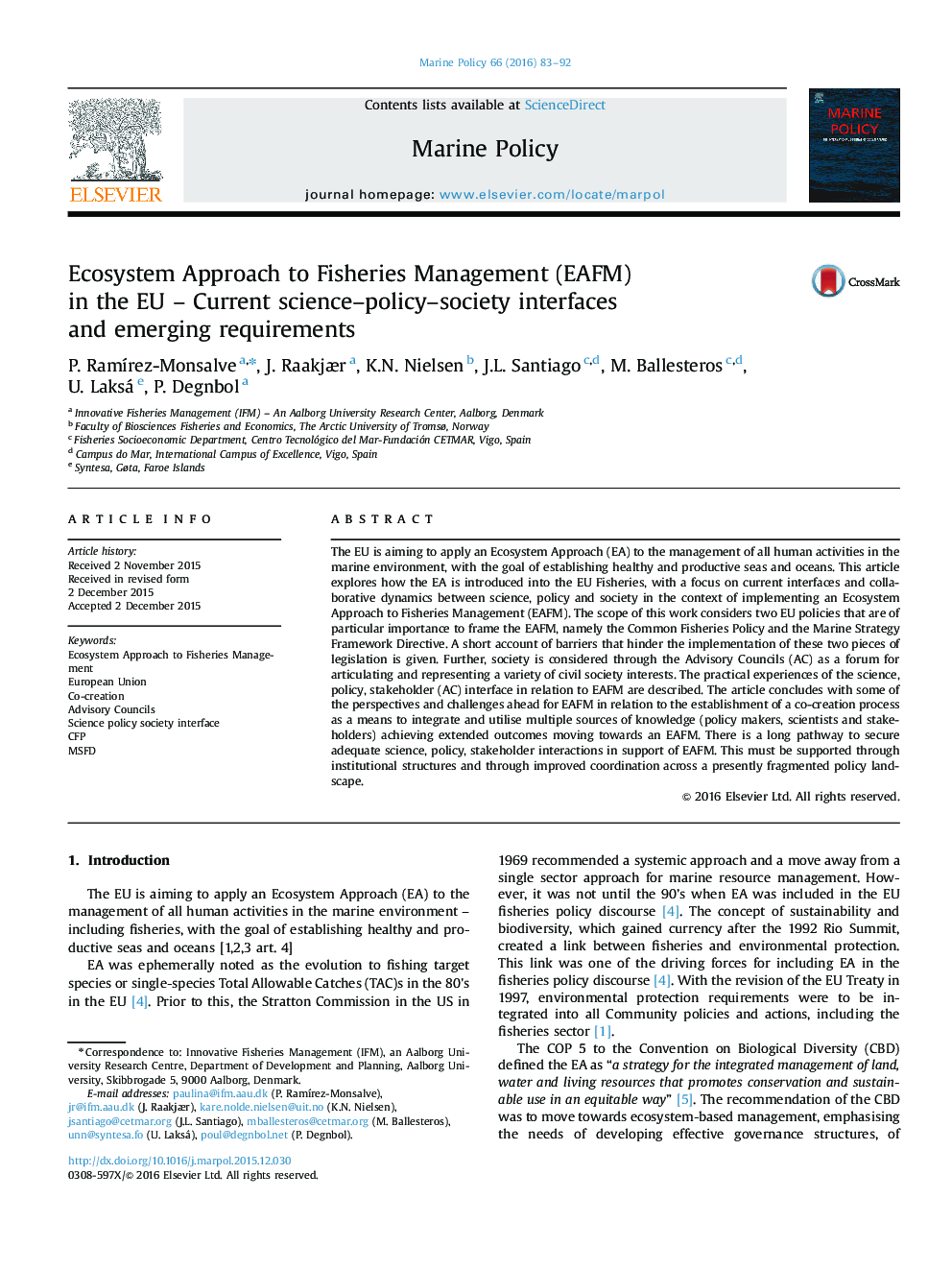 Ecosystem Approach to Fisheries Management (EAFM) in the EU - Current science-policy-society interfaces and emerging requirements