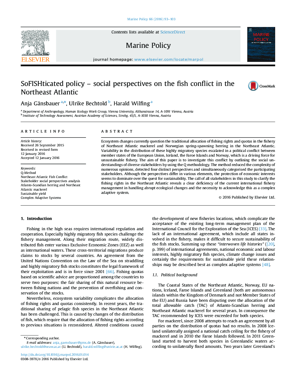 SoFISHticated policy - social perspectives on the fish conflict in the Northeast Atlantic