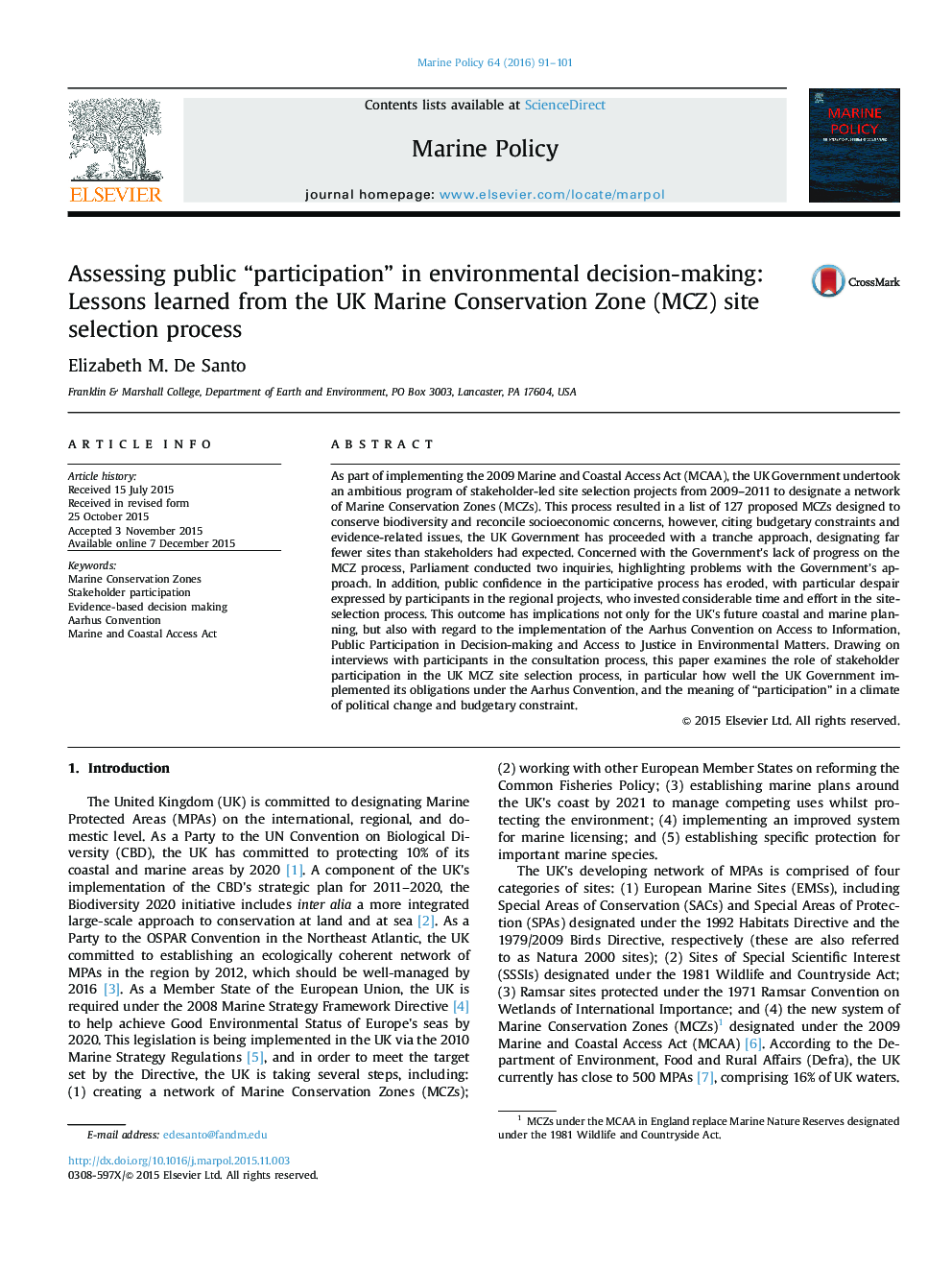 Assessing public “participation” in environmental decision-making: Lessons learned from the UK Marine Conservation Zone (MCZ) site selection process