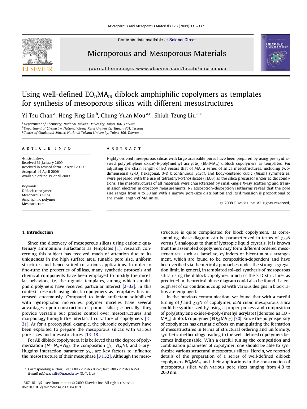 Using well-defined EOnMAm diblock amphiphilic copolymers as templates for synthesis of mesoporous silicas with different mesostructures