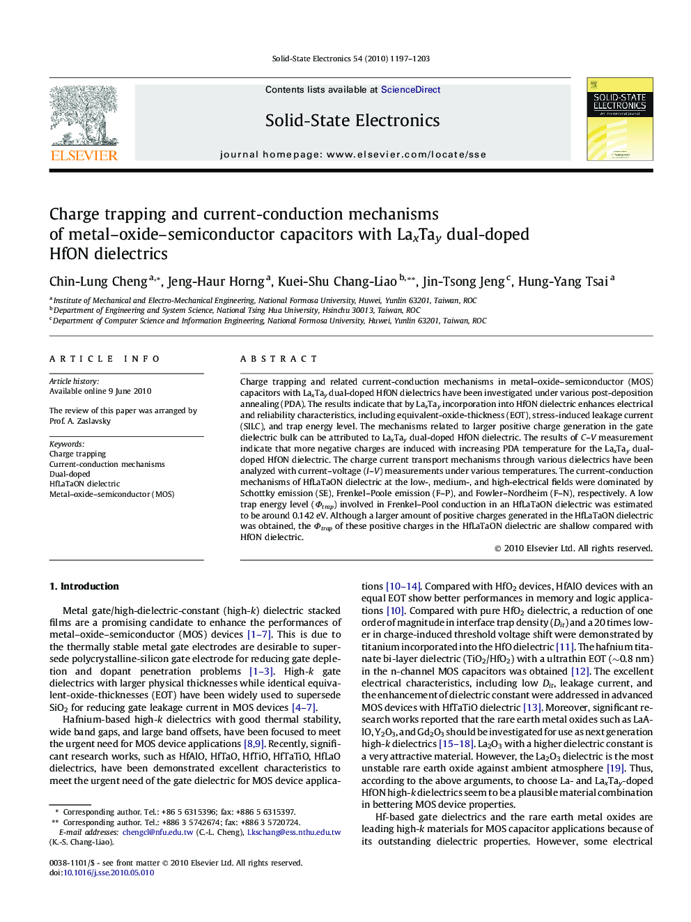 Charge trapping and current-conduction mechanisms of metal–oxide–semiconductor capacitors with LaxTay dual-doped HfON dielectrics