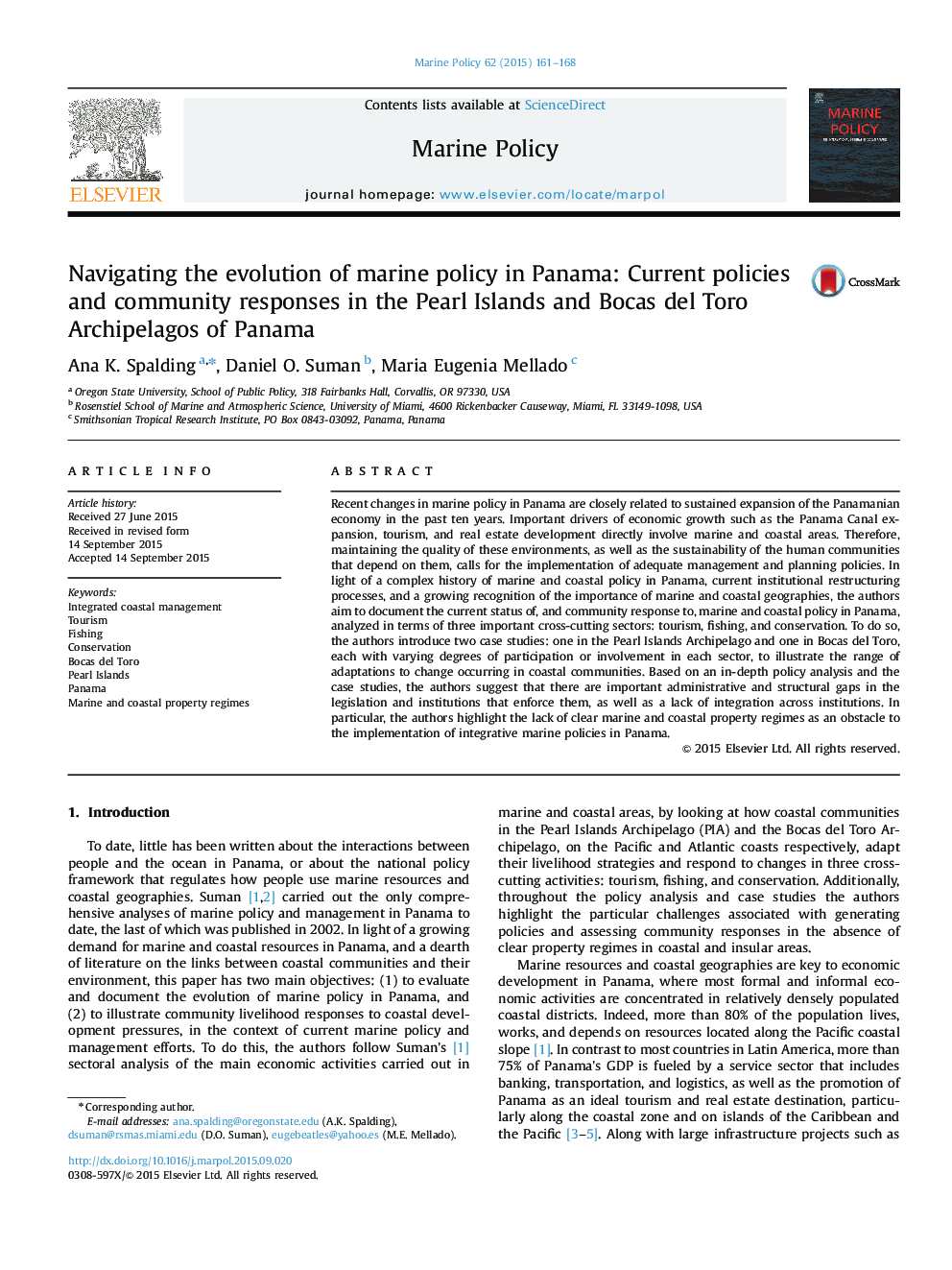 Navigating the evolution of marine policy in Panama: Current policies and community responses in the Pearl Islands and Bocas del Toro Archipelagos of Panama