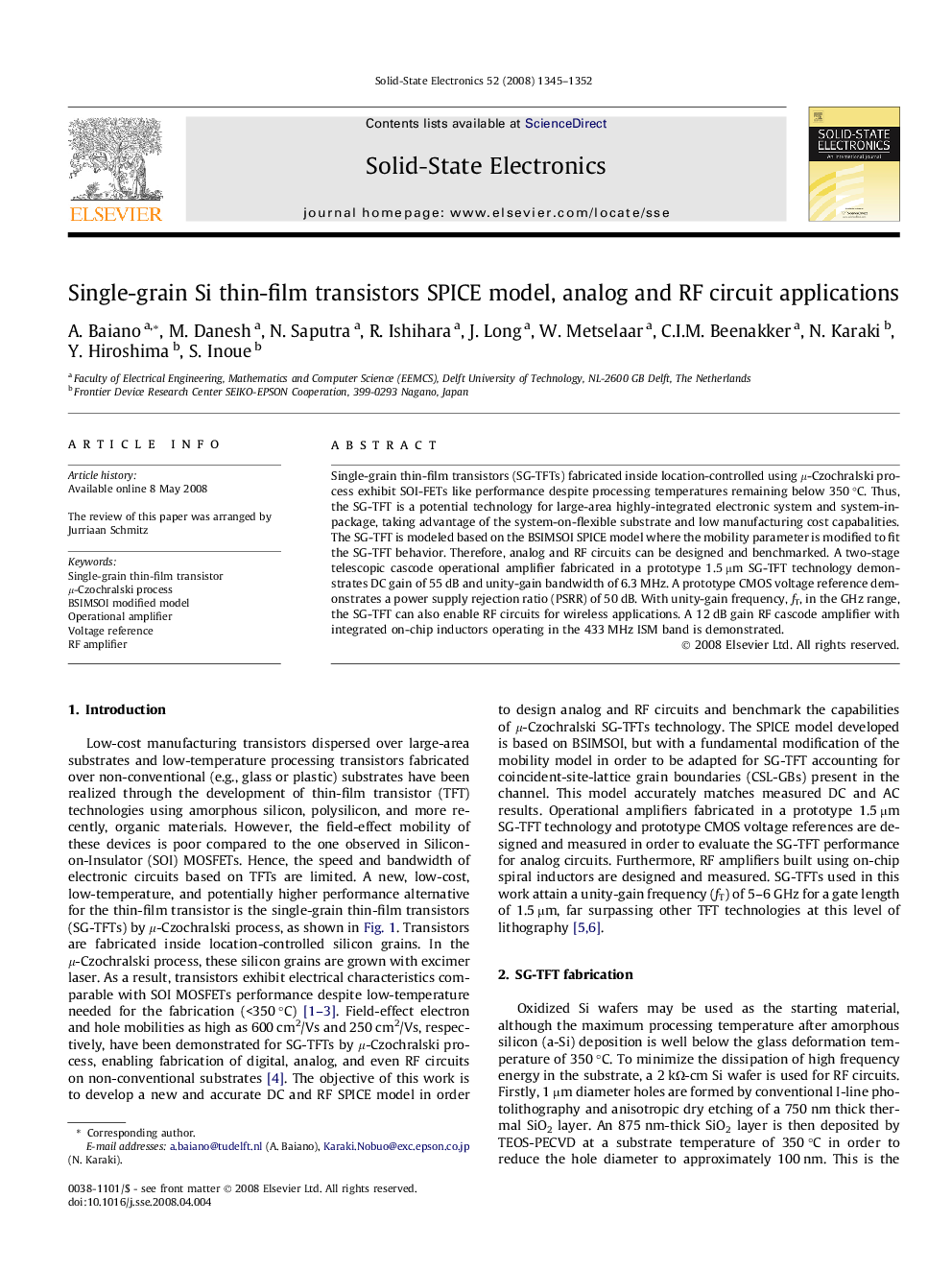 Single-grain Si thin-film transistors SPICE model, analog and RF circuit applications