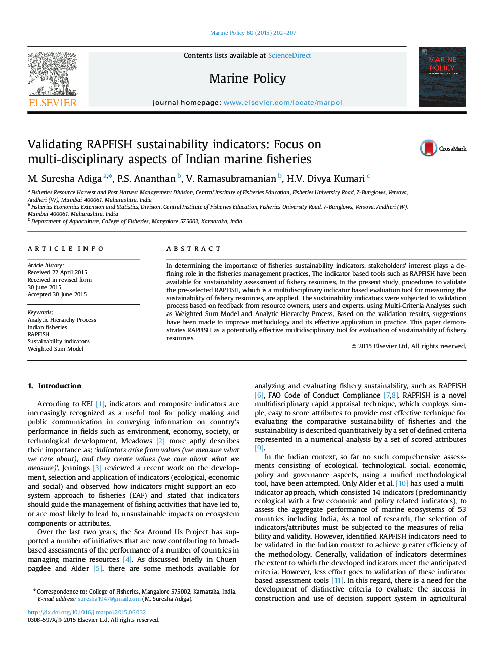 Validating RAPFISH sustainability indicators: Focus on multi-disciplinary aspects of Indian marine fisheries