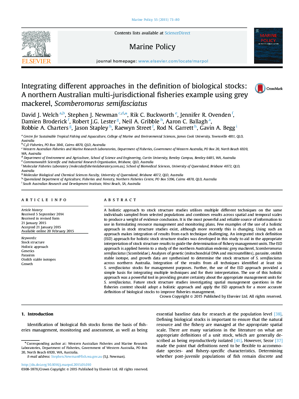 Integrating different approaches in the definition of biological stocks: A northern Australian multi-jurisdictional fisheries example using grey mackerel, Scomberomorus semifasciatus