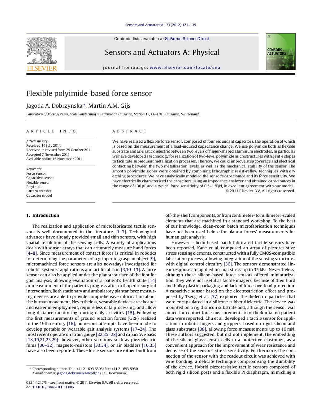 Flexible polyimide-based force sensor