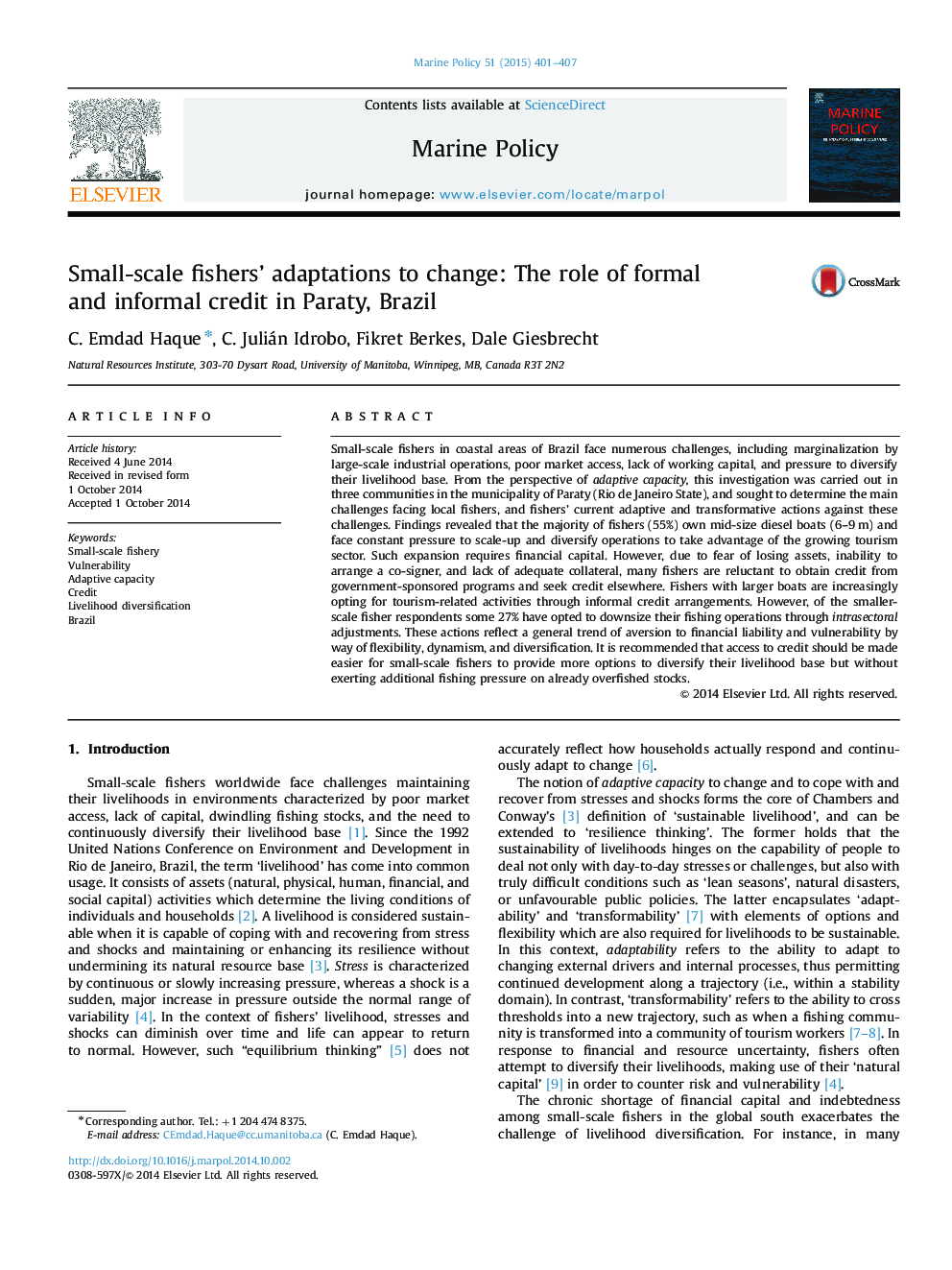 Small-scale fishers' adaptations to change: The role of formal and informal credit in Paraty, Brazil