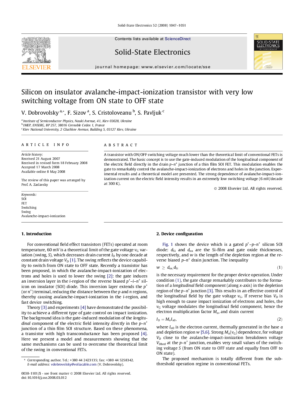 Silicon on insulator avalanche-impact-ionization transistor with very low switching voltage from ON state to OFF state