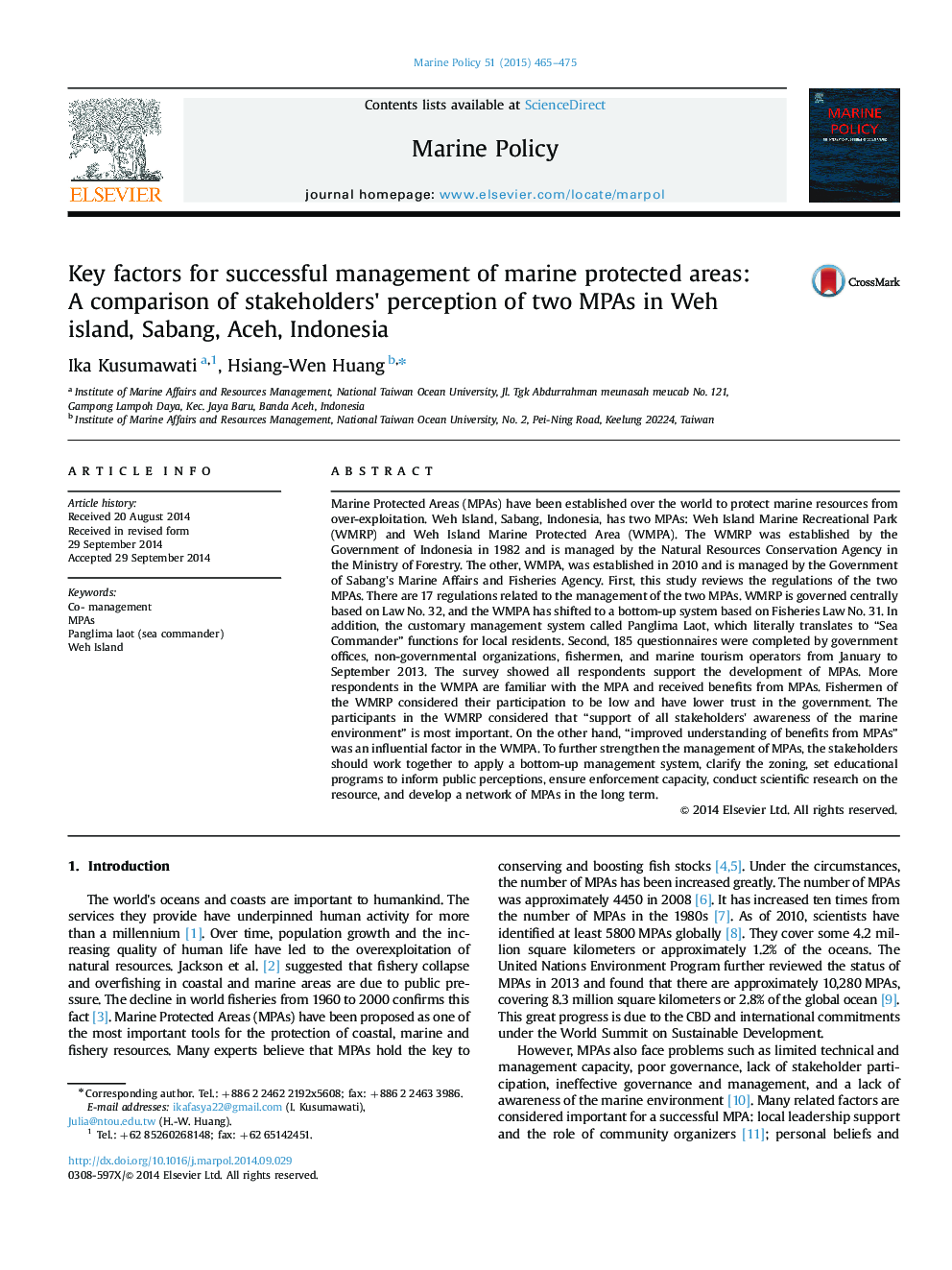 Key factors for successful management of marine protected areas: A comparison of stakeholders×³ perception of two MPAs in Weh island, Sabang, Aceh, Indonesia