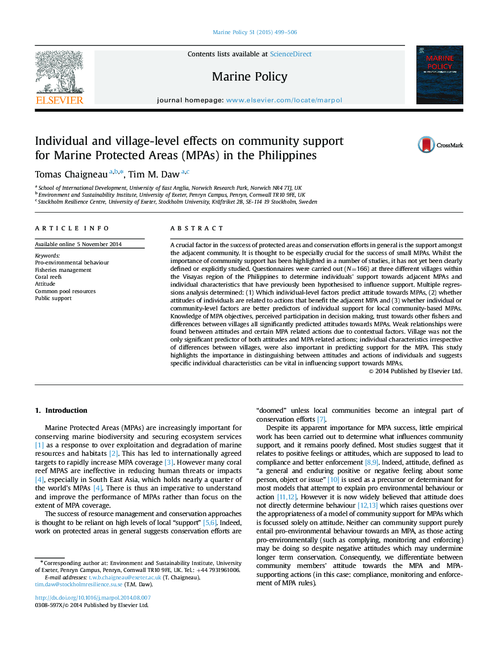 Individual and village-level effects on community support for Marine Protected Areas (MPAs) in the Philippines