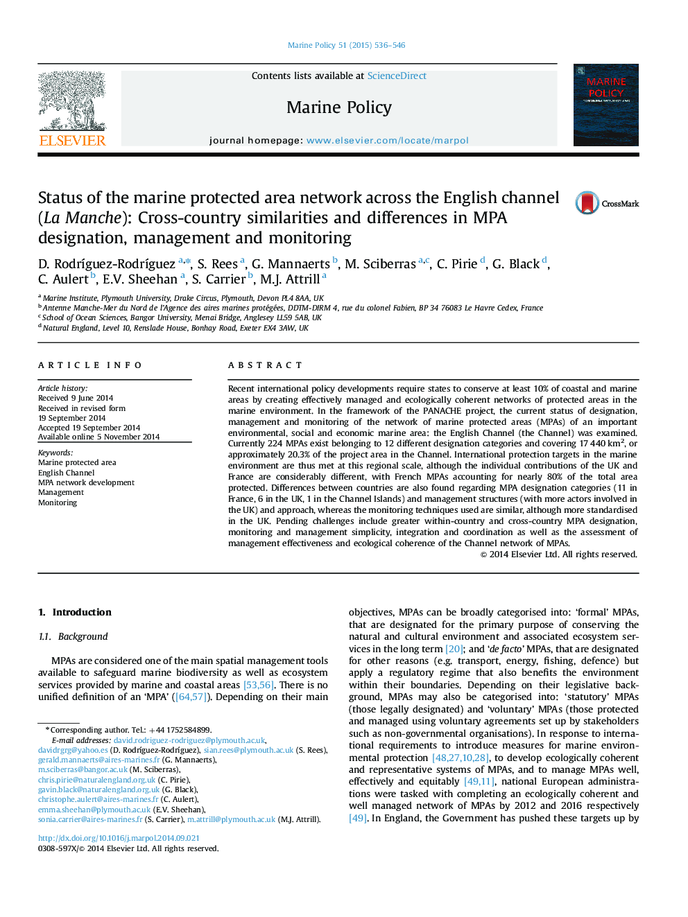 Status of the marine protected area network across the English channel (La Manche): Cross-country similarities and differences in MPA designation, management and monitoring