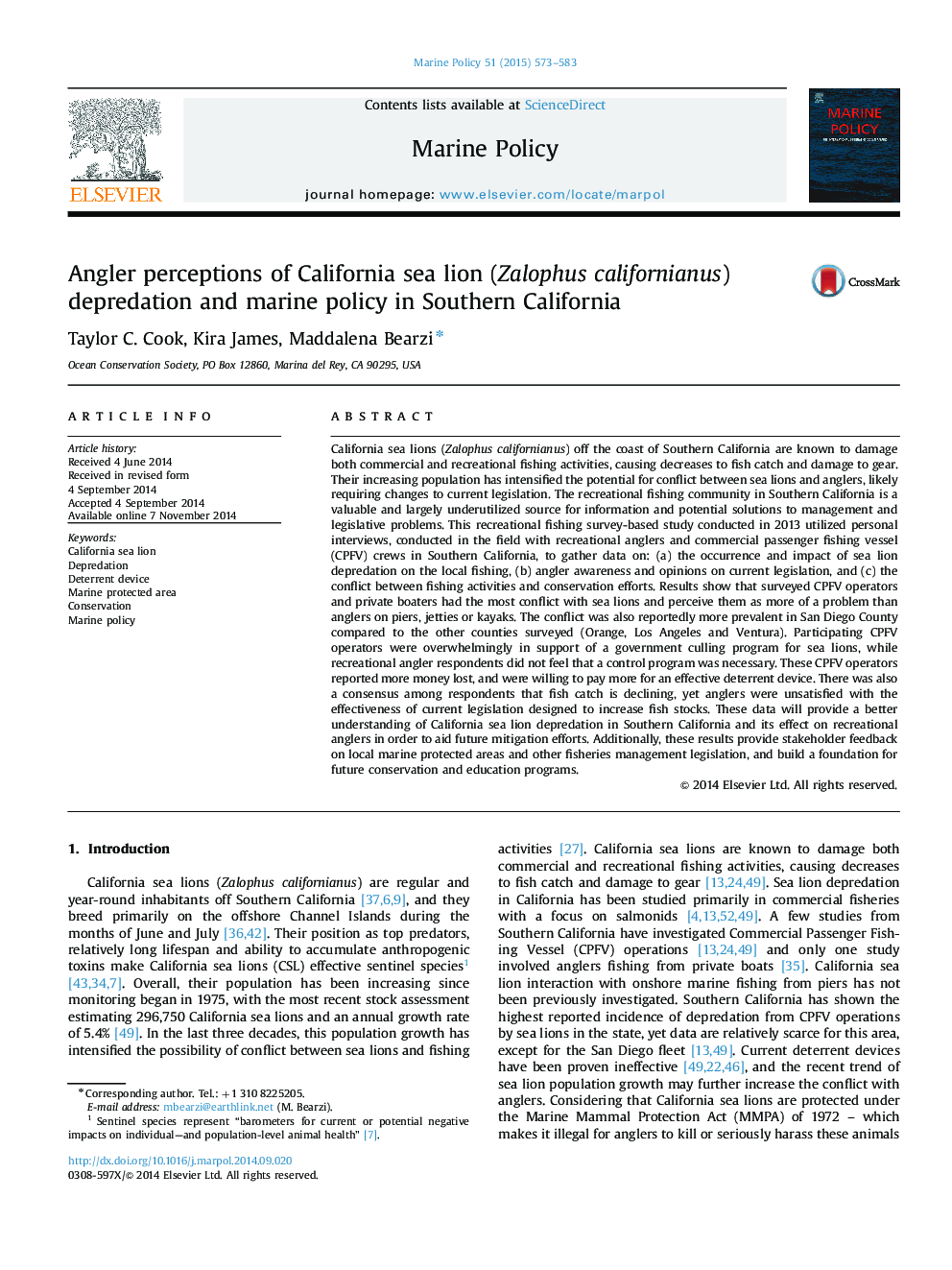 Angler perceptions of California sea lion (Zalophus californianus) depredation and marine policy in Southern California