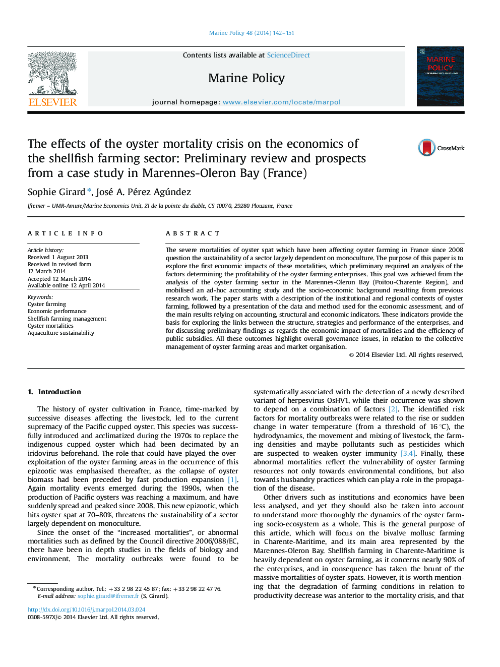 The effects of the oyster mortality crisis on the economics of the shellfish farming sector: Preliminary review and prospects from a case study in Marennes-Oleron Bay (France)