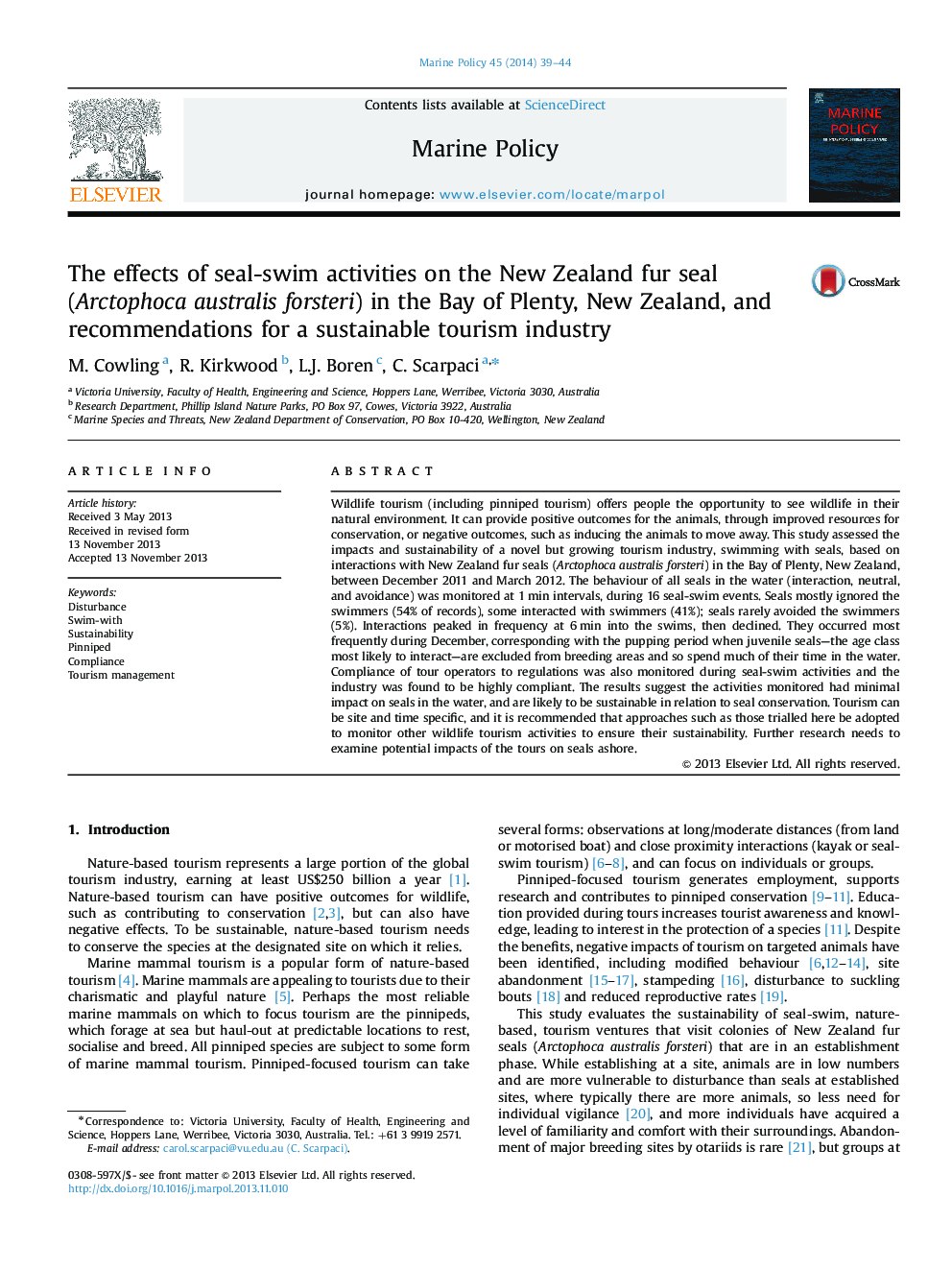 The effects of seal-swim activities on the New Zealand fur seal (Arctophoca australis forsteri) in the Bay of Plenty, New Zealand, and recommendations for a sustainable tourism industry