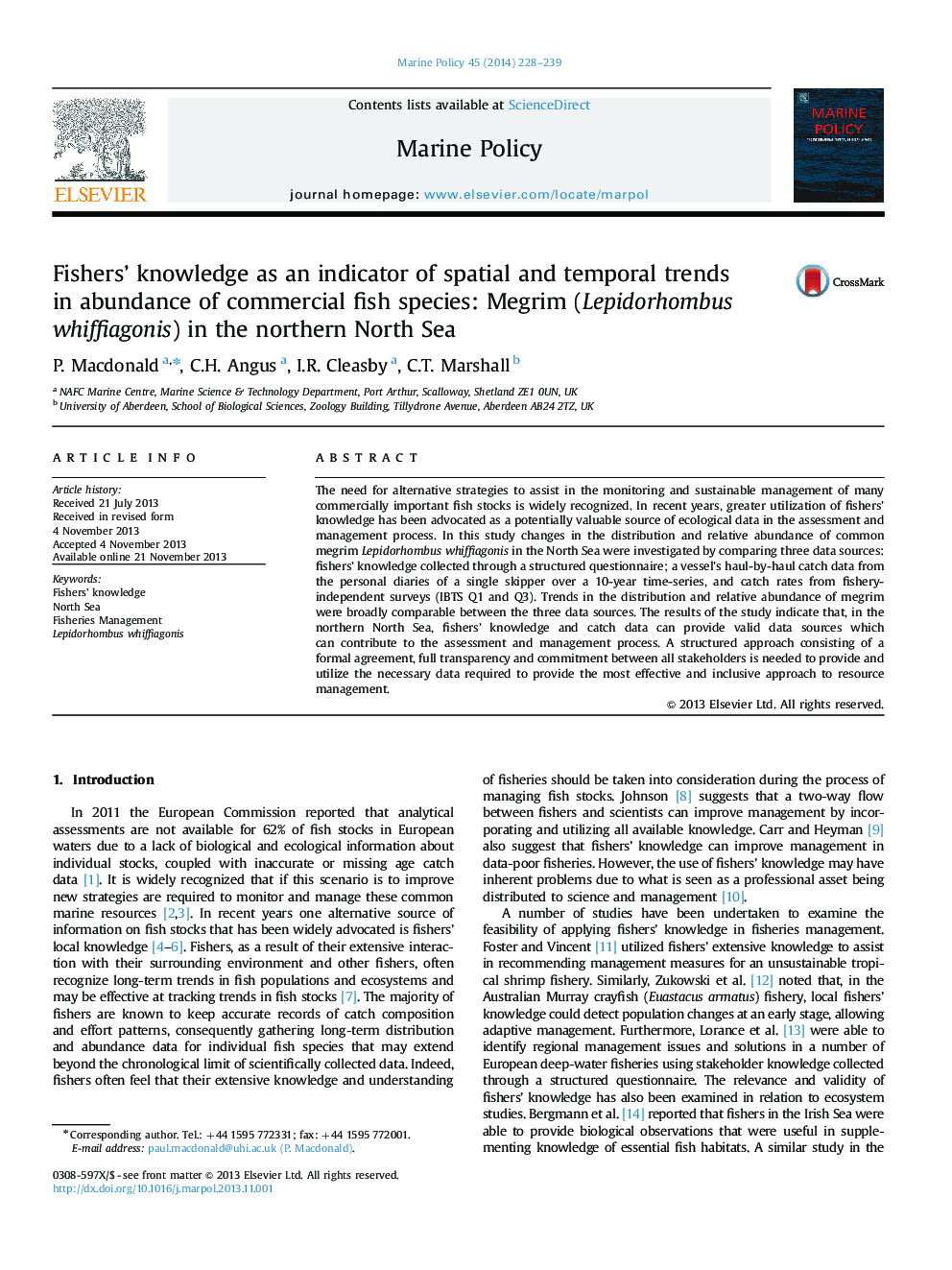 عکس صفحه اول مقاله: Fishers' knowledge as an indicator of spatial and temporal trends in abundance of commercial fish species: Megrim (Lepidorhombus whiffiagonis) in the northern North Sea Fishers' knowledge as an indicator of spatial and temporal trends in abundance of commercial fish species: Megrim (Lepidorhombus whiffiagonis) in the northern North Sea