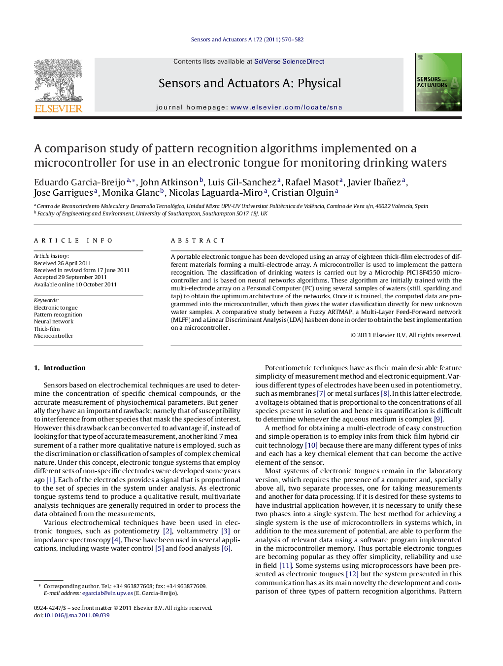 A comparison study of pattern recognition algorithms implemented on a microcontroller for use in an electronic tongue for monitoring drinking waters