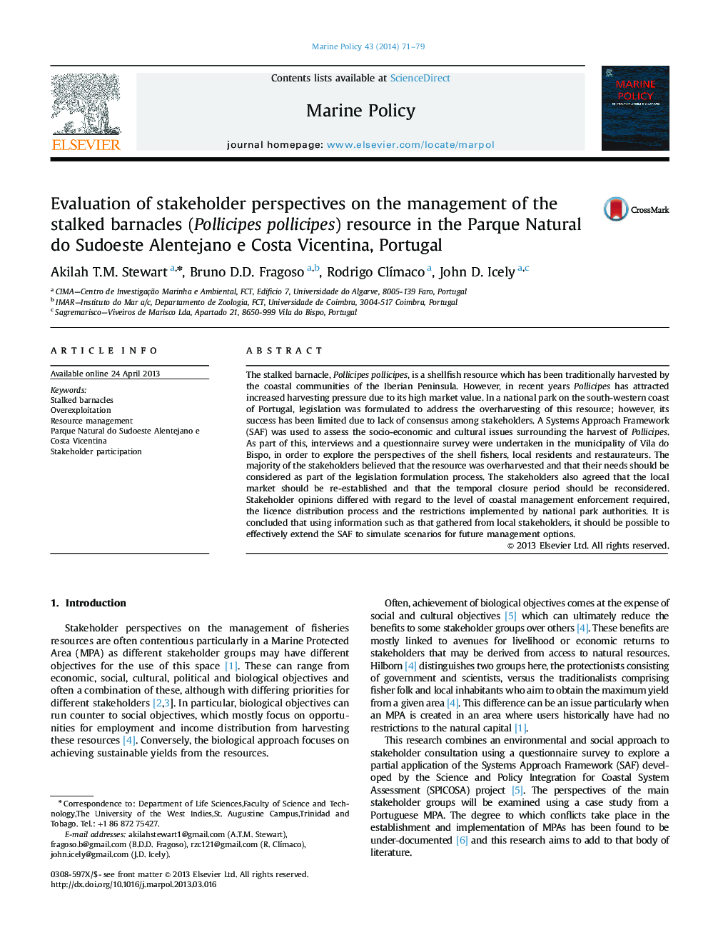 Evaluation of stakeholder perspectives on the management of the stalked barnacles (Pollicipes pollicipes) resource in the Parque Natural do Sudoeste Alentejano e Costa Vicentina, Portugal